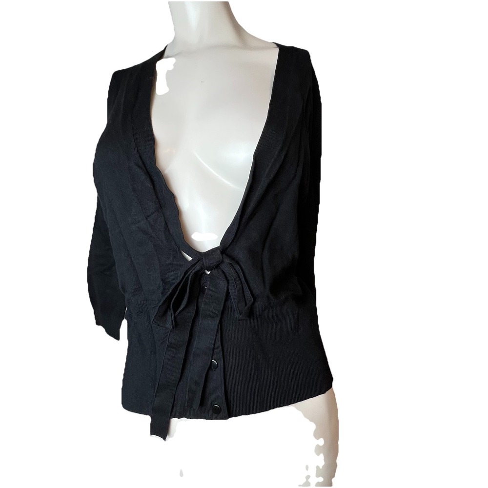 White House Black Market Women's L Black Tie & Button Cardigan 3/4 Sleeve NWT